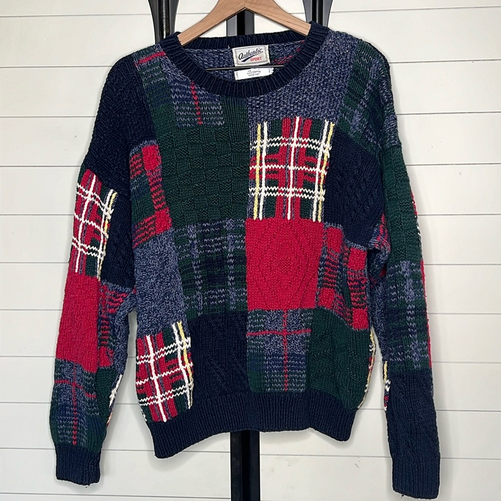 Vintage Hand Knit Patchwork Sweater Large - image 1